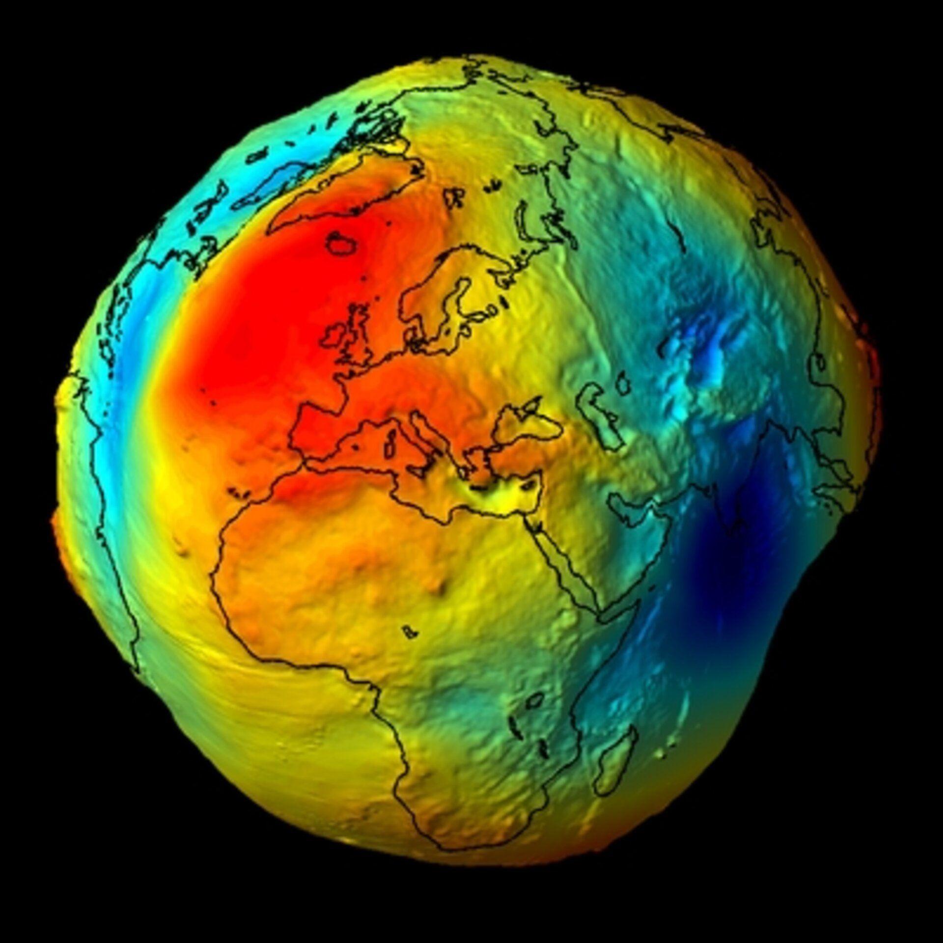 The map shows variations in Earth’s gravity field measured by ESA’s GOCE satellite.